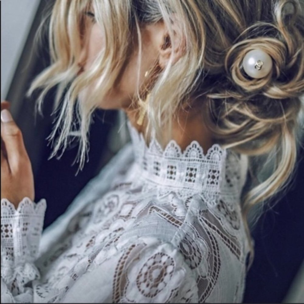 Boho Long Sleeve Stand Collar Lace Blouse White - Picture 1 of 8